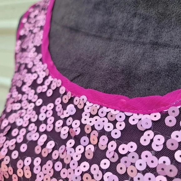 Living Doll Fushia Purple Pink Sequin Sheer Tank Top Zipper Back Soft Shiny sz L - Picture 6 of 10
